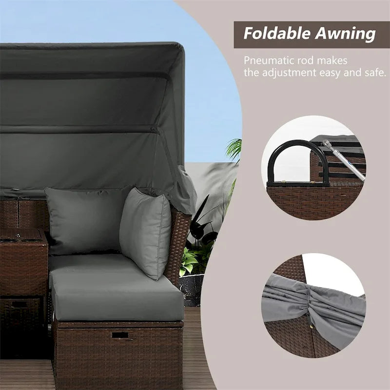Canapé causeuse d'extérieur avec auvent pliable, coussins et porte-gobelets