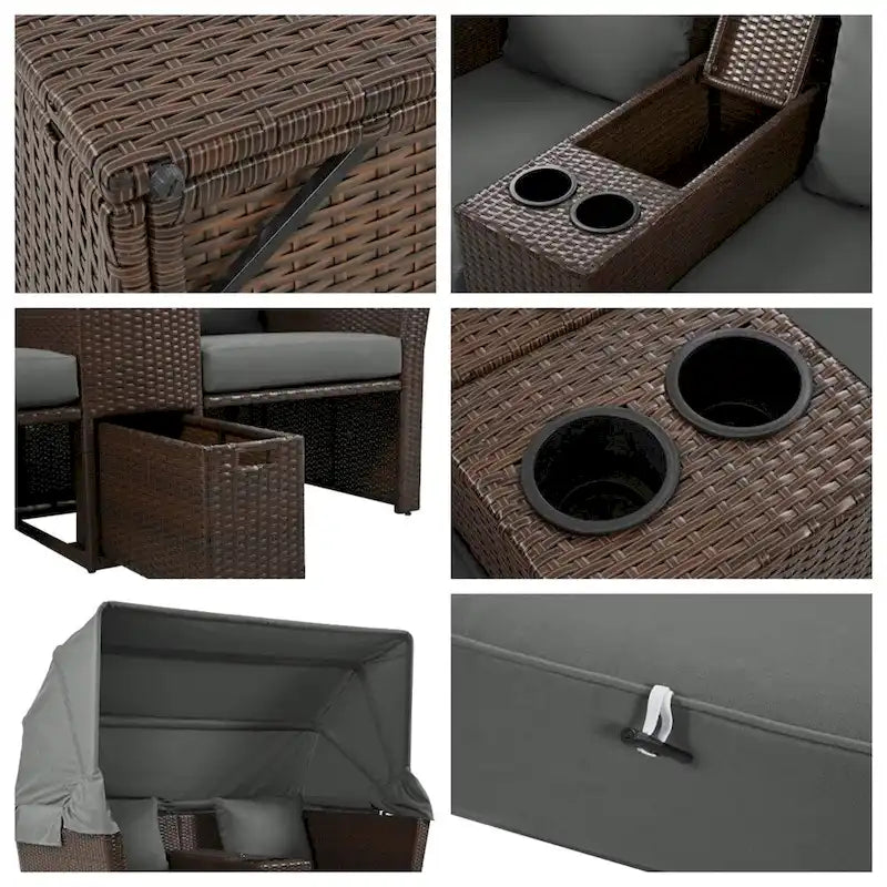 Canapé causeuse d'extérieur avec auvent pliable, coussins et porte-gobelets