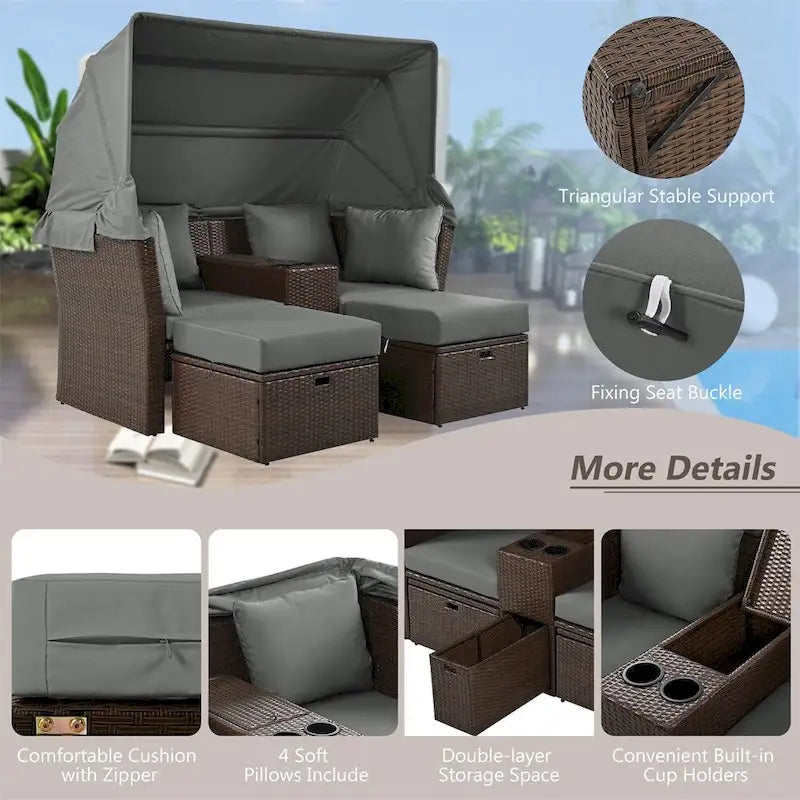 Canapé causeuse d'extérieur avec auvent pliable, coussins et porte-gobelets