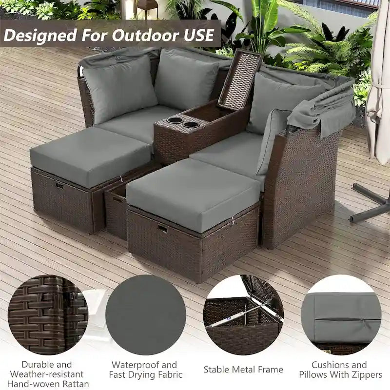 Canapé causeuse d'extérieur avec auvent pliable, coussins et porte-gobelets