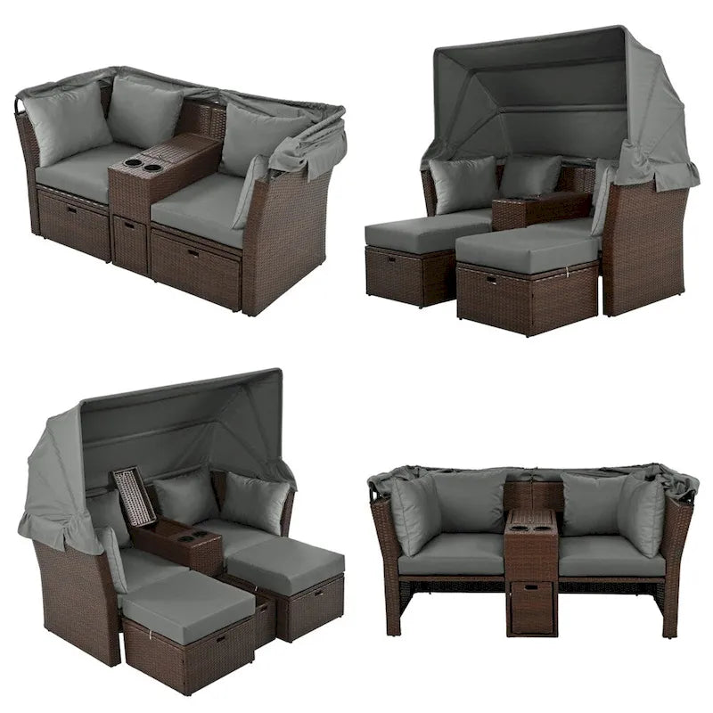 Canapé causeuse d'extérieur avec auvent pliable, coussins et porte-gobelets