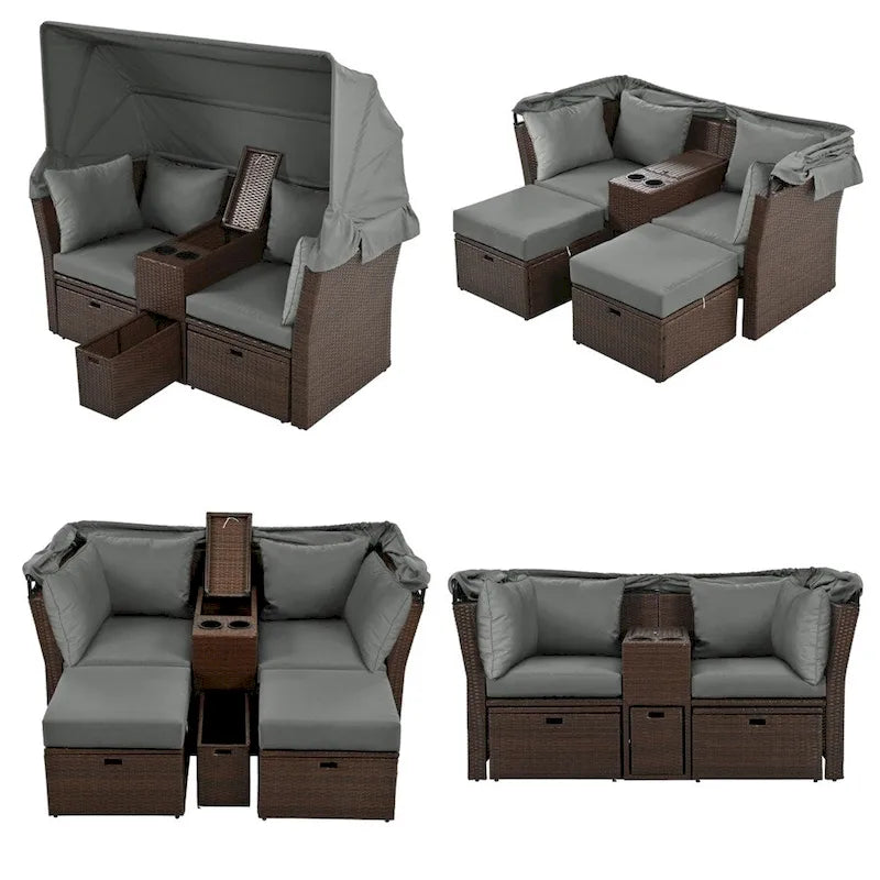 Canapé causeuse d'extérieur avec auvent pliable, coussins et porte-gobelets