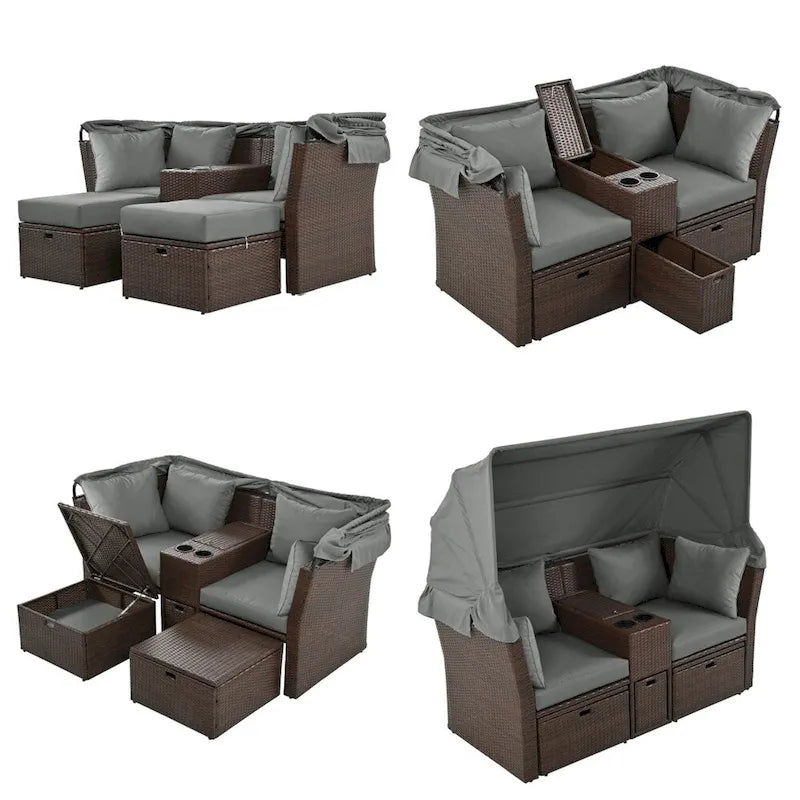 Canapé causeuse d'extérieur avec auvent pliable, coussins et porte-gobelets