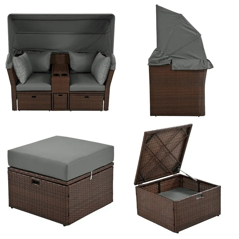 Canapé causeuse d'extérieur avec auvent pliable, coussins et porte-gobelets