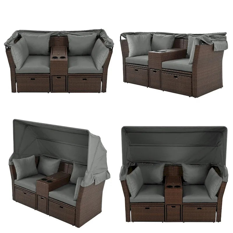 Canapé causeuse d'extérieur avec auvent pliable, coussins et porte-gobelets