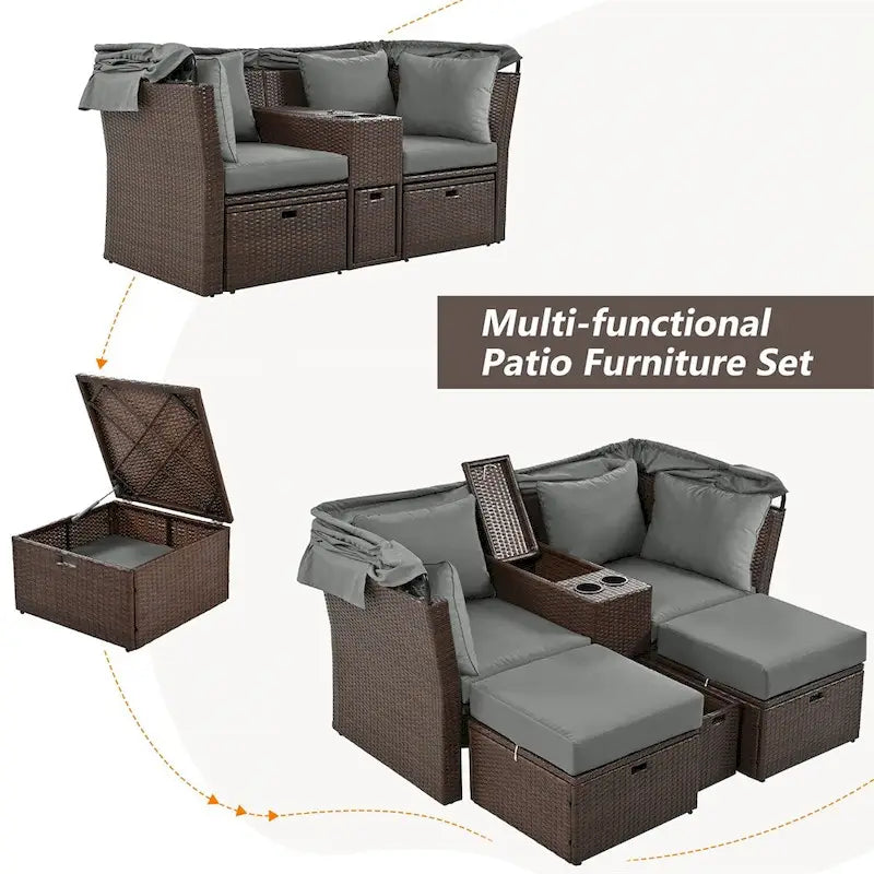 Canapé causeuse d'extérieur avec auvent pliable, coussins et porte-gobelets