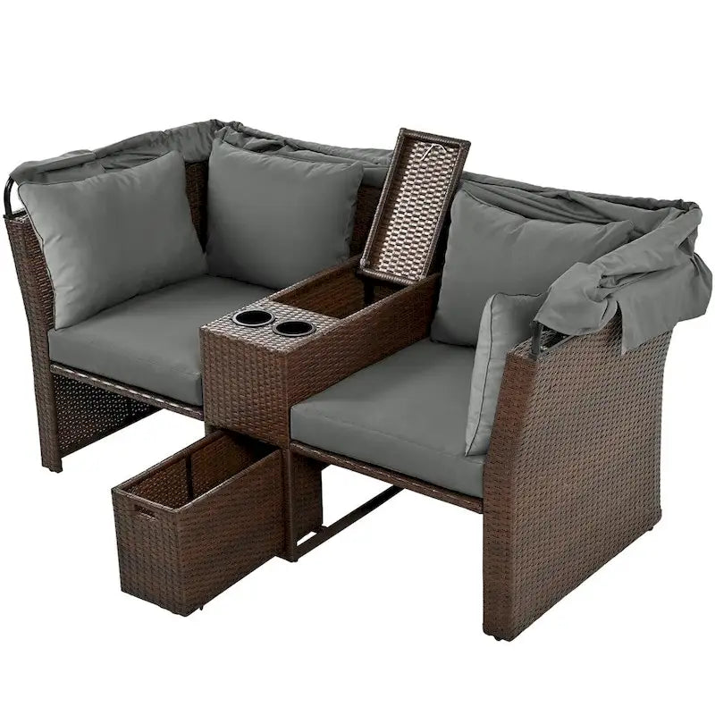 Canapé causeuse d'extérieur avec auvent pliable, coussins et porte-gobelets