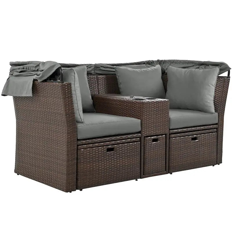 Canapé causeuse d'extérieur avec auvent pliable, coussins et porte-gobelets