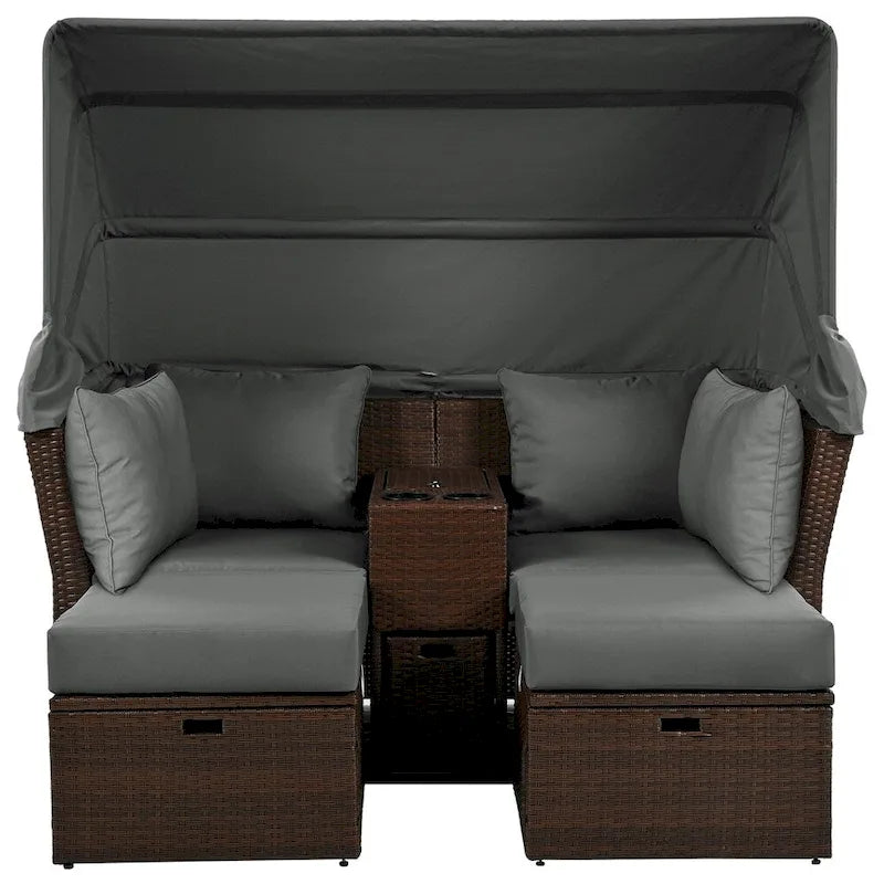 Canapé causeuse d'extérieur avec auvent pliable, coussins et porte-gobelets