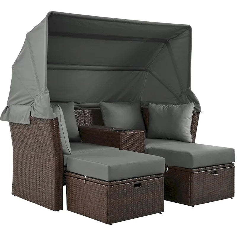 Canapé causeuse d'extérieur avec auvent pliable, coussins et porte-gobelets