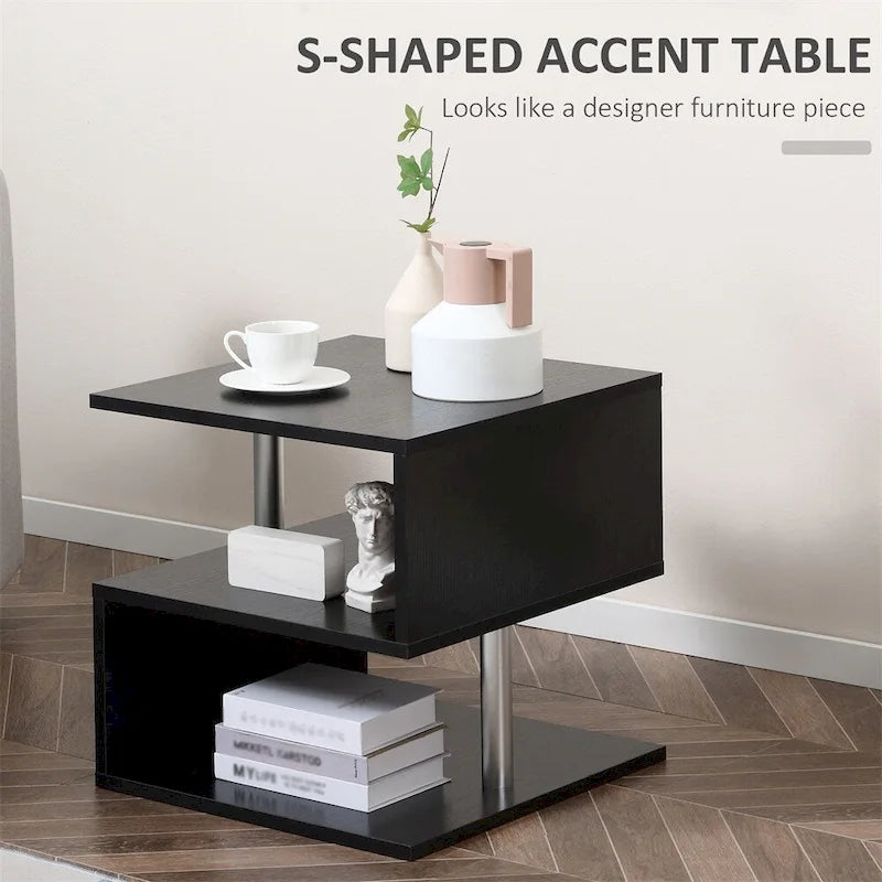 Table d'appoint, Table d'appoint avec rangement, Table basse en S avec étagère de rangement
