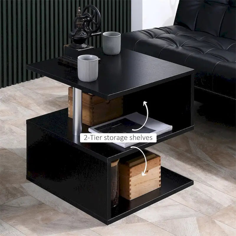 Table d'appoint, Table d'appoint avec rangement, Table basse en S avec étagère de rangement