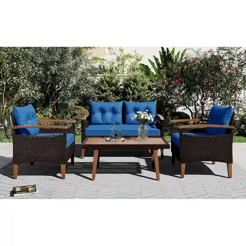 Ensemble de canapé de patio en osier d'extérieur 4 pièces avec table en bois et coussins amovibles