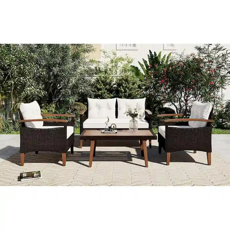 4-Piece Outdoor Wicker Patio Sofa Set with Wood Table and Removable Cushions