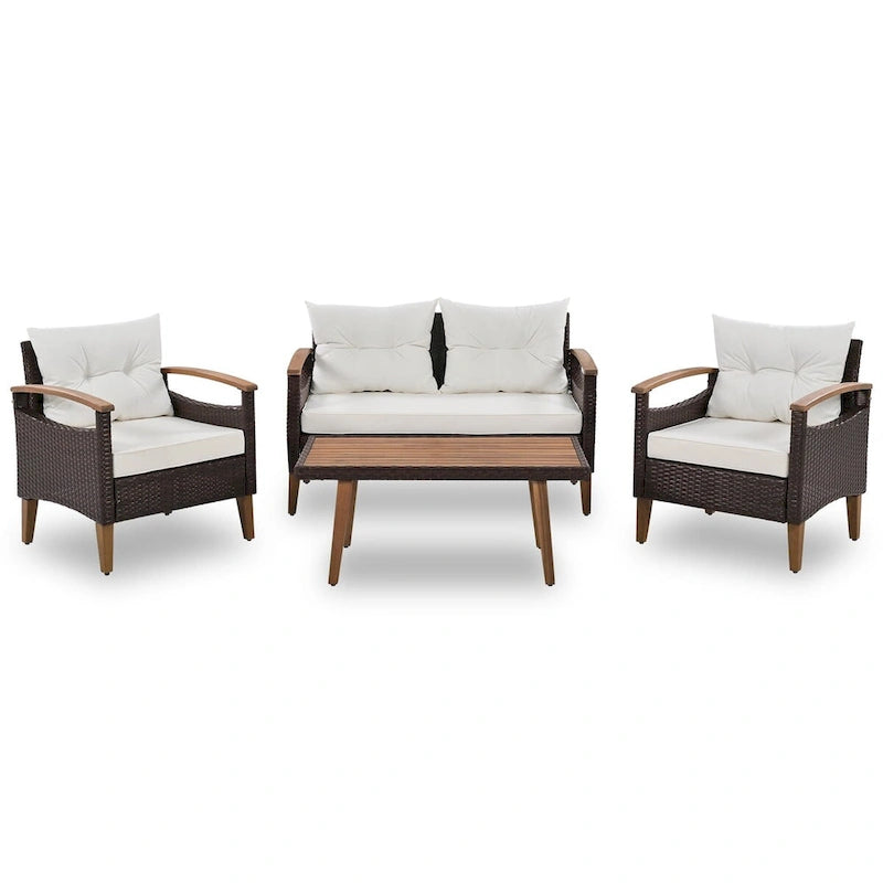 Ensemble de canapé de patio en osier d'extérieur 4 pièces avec table en bois et coussins amovibles