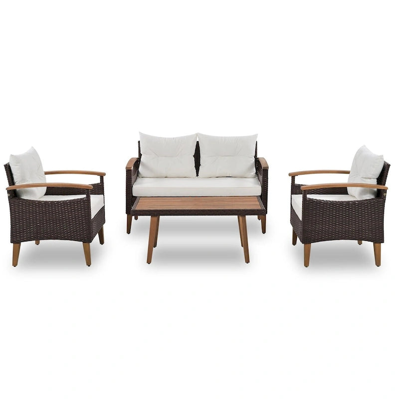 Ensemble de canapé de patio en osier d'extérieur 4 pièces avec table en bois et coussins amovibles