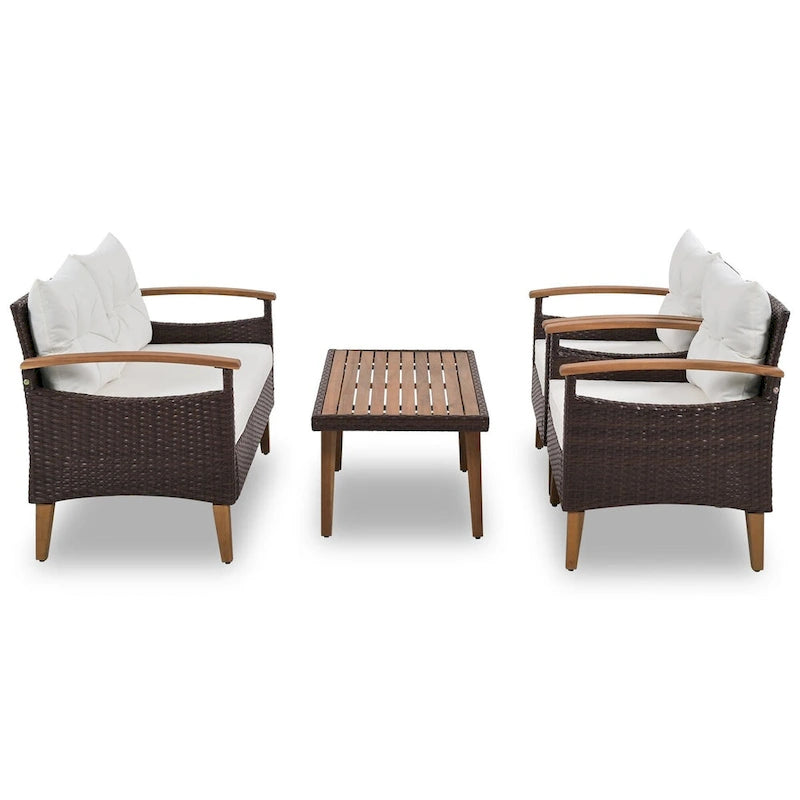 Ensemble de canapé de patio en osier d'extérieur 4 pièces avec table en bois et coussins amovibles