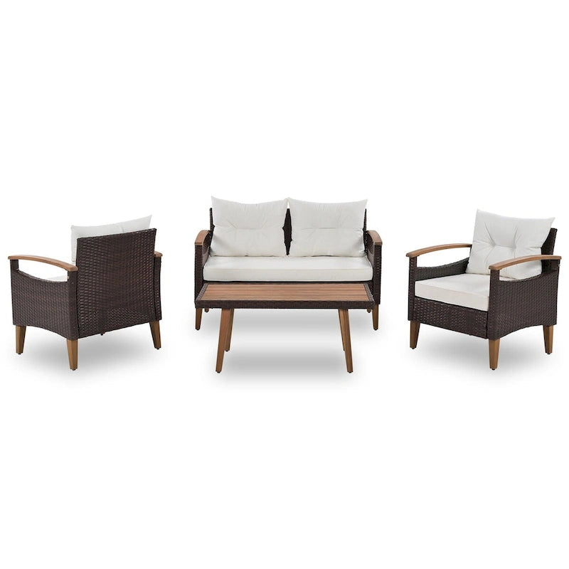 Ensemble de canapé de patio en osier d'extérieur 4 pièces avec table en bois et coussins amovibles