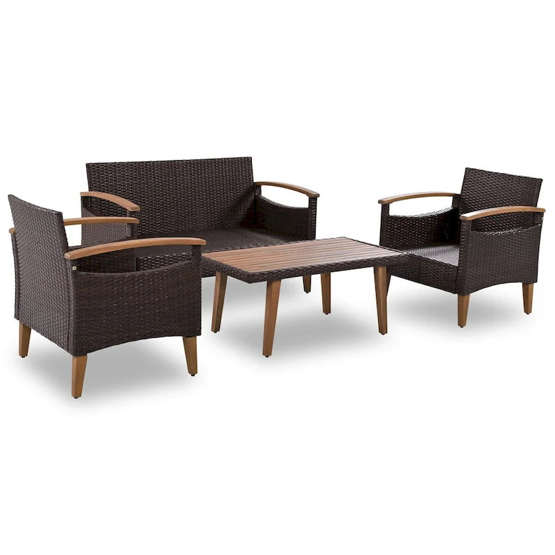 Ensemble de canapé de patio en osier d'extérieur 4 pièces avec table en bois et coussins amovibles