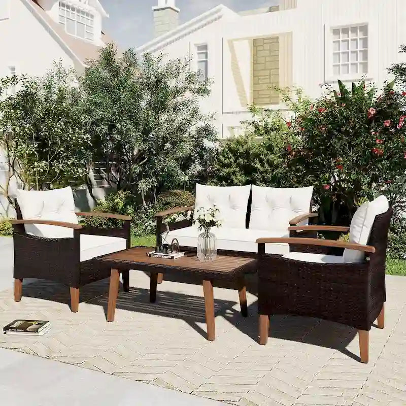 Ensemble de canapé de patio en osier d'extérieur 4 pièces avec table en bois et coussins amovibles