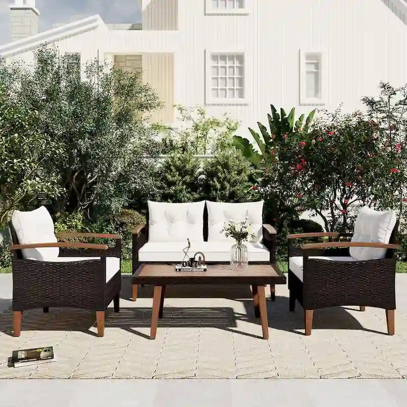 Ensemble de canapé de patio en osier d'extérieur 4 pièces avec table en bois et coussins amovibles