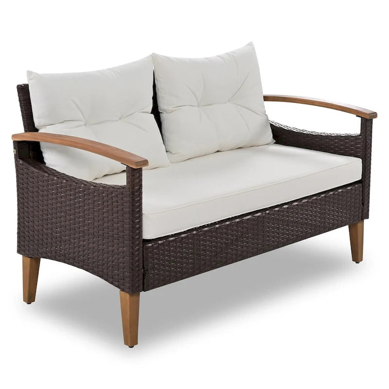 Ensemble de canapé de patio en osier d'extérieur 4 pièces avec table en bois et coussins amovibles