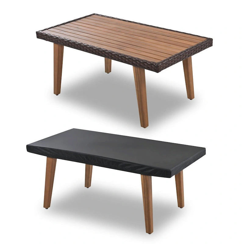 Ensemble de canapé de patio en osier d'extérieur 4 pièces avec table en bois et coussins amovibles