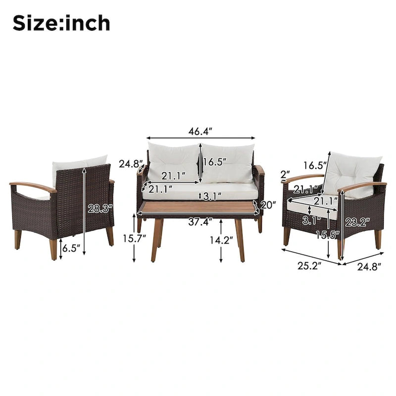 Ensemble de canapé de patio en osier d'extérieur 4 pièces avec table en bois et coussins amovibles