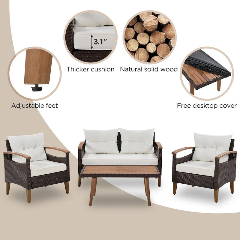 Ensemble de canapé de patio en osier d'extérieur 4 pièces avec table en bois et coussins amovibles