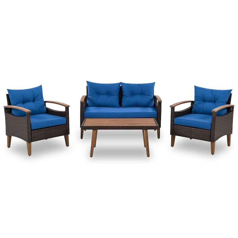 Ensemble de canapé de patio en osier d'extérieur 4 pièces avec table en bois et coussins amovibles