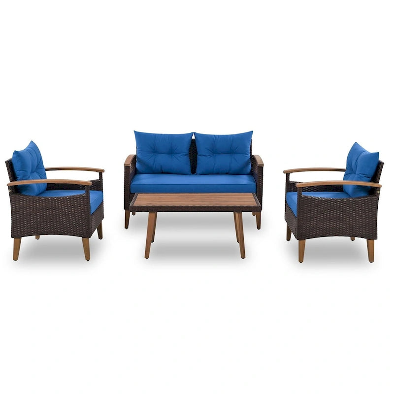 Ensemble de canapé de patio en osier d'extérieur 4 pièces avec table en bois et coussins amovibles