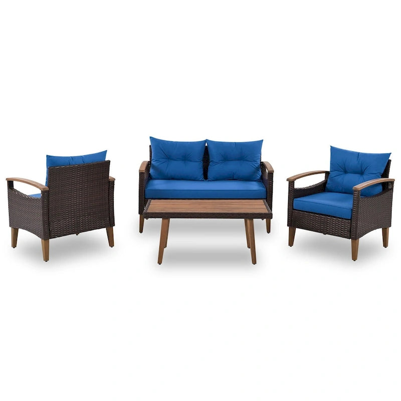 Ensemble de canapé de patio en osier d'extérieur 4 pièces avec table en bois et coussins amovibles