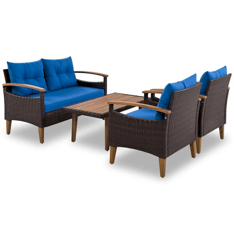 Ensemble de canapé de patio en osier d'extérieur 4 pièces avec table en bois et coussins amovibles