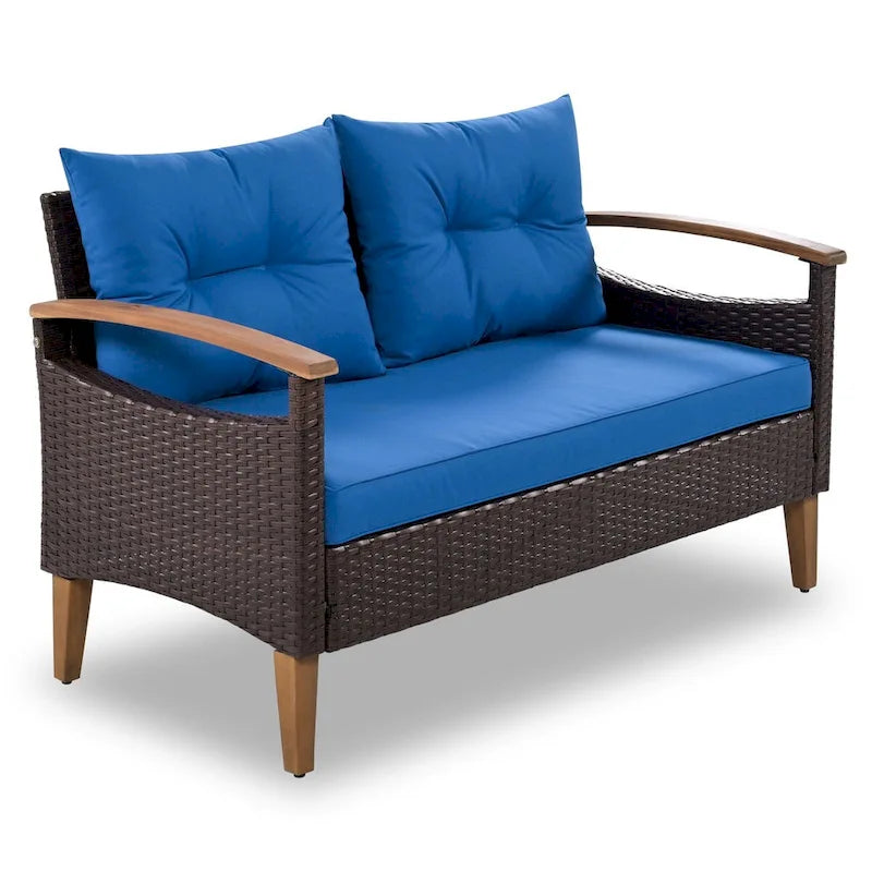 Ensemble de canapé de patio en osier d'extérieur 4 pièces avec table en bois et coussins amovibles