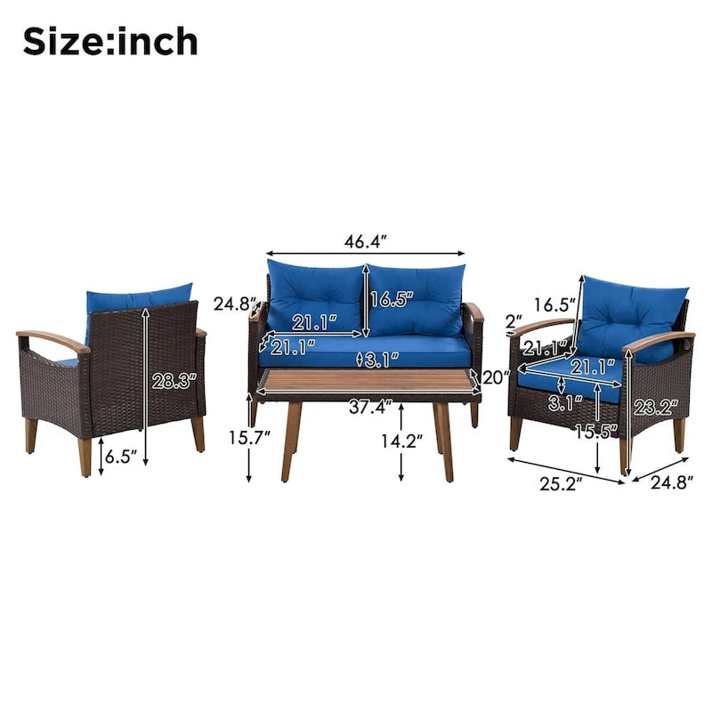 Ensemble de canapé de patio en osier d'extérieur 4 pièces avec table en bois et coussins amovibles