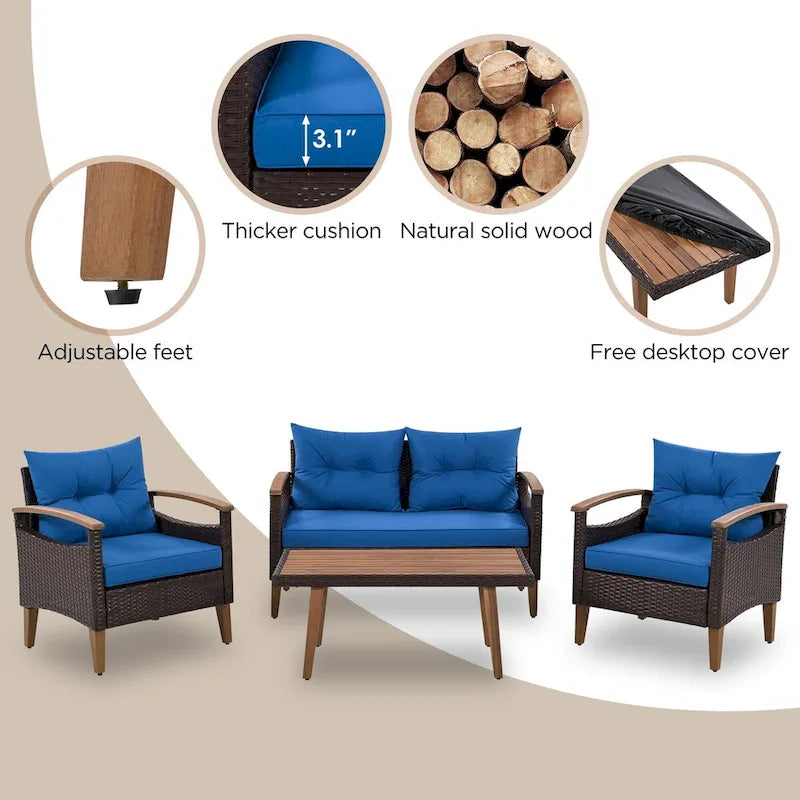 Ensemble de canapé de patio en osier d'extérieur 4 pièces avec table en bois et coussins amovibles