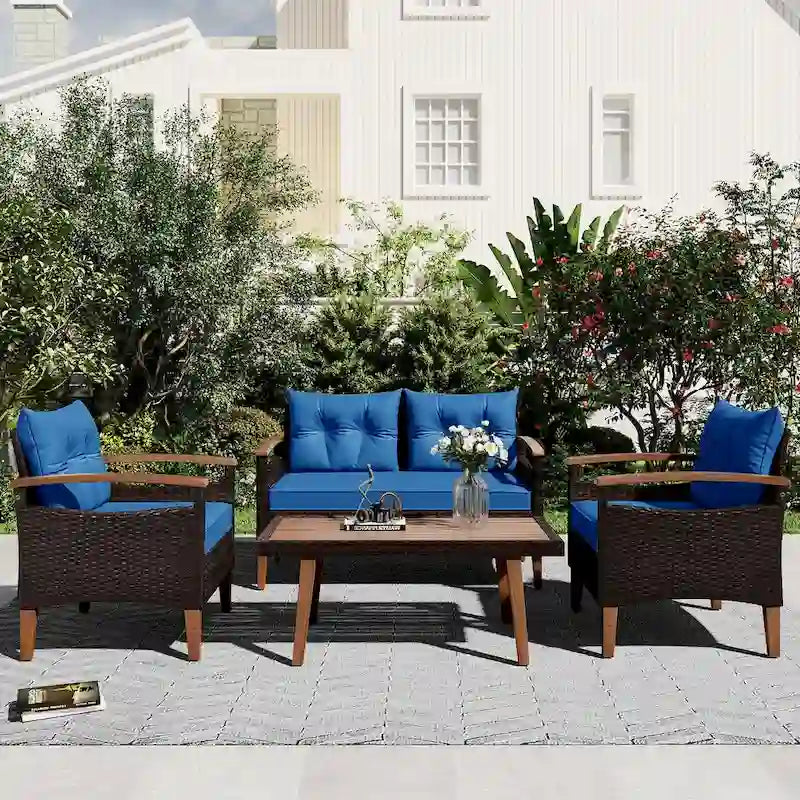 Ensemble de canapé de patio en osier d'extérieur 4 pièces avec table en bois et coussins amovibles