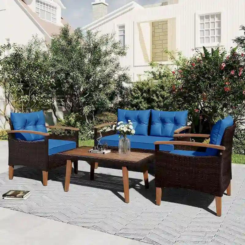 Ensemble de canapé de patio en osier d'extérieur 4 pièces avec table en bois et coussins amovibles