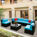 Black+Blue 5 Pieces PE Rattan All-Weather Sectional Outdoor Furniture Set with Comfort Cushions and Pillows and Coffee Table