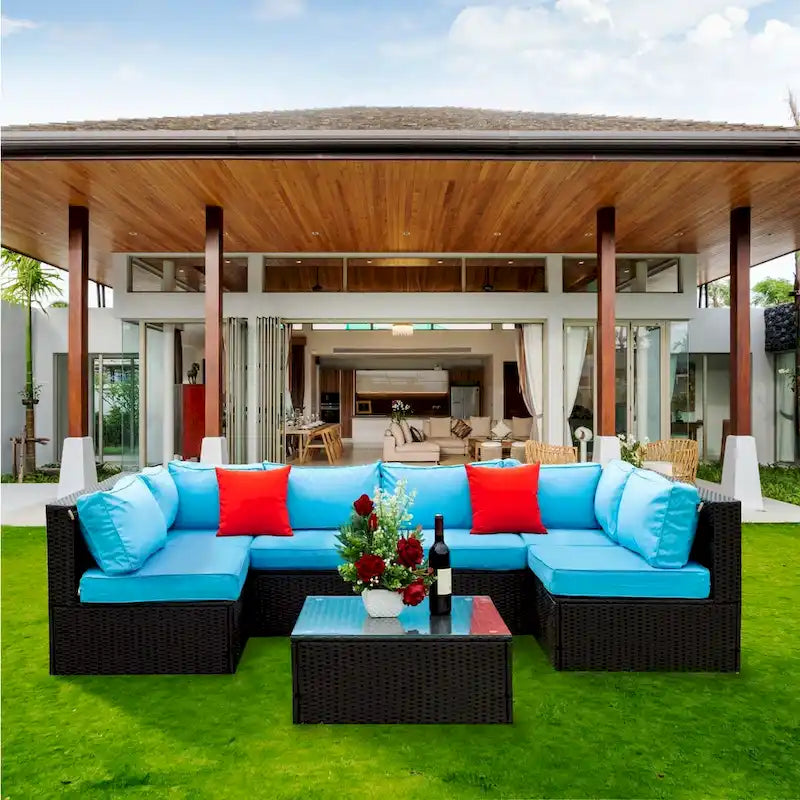 Ensemble de mobilier d'extérieur sectionnel en rotin PE Noir+Bleu 5 pièces résistant aux intempéries avec coussins de confort, oreillers et table basse