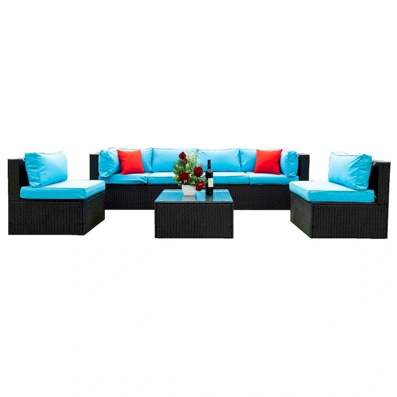 Ensemble de mobilier d'extérieur sectionnel en rotin PE Noir+Bleu 5 pièces résistant aux intempéries avec coussins de confort, oreillers et table basse