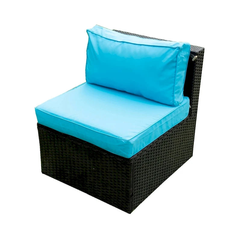 Ensemble de mobilier d'extérieur sectionnel en rotin PE Noir+Bleu 5 pièces résistant aux intempéries avec coussins de confort, oreillers et table basse