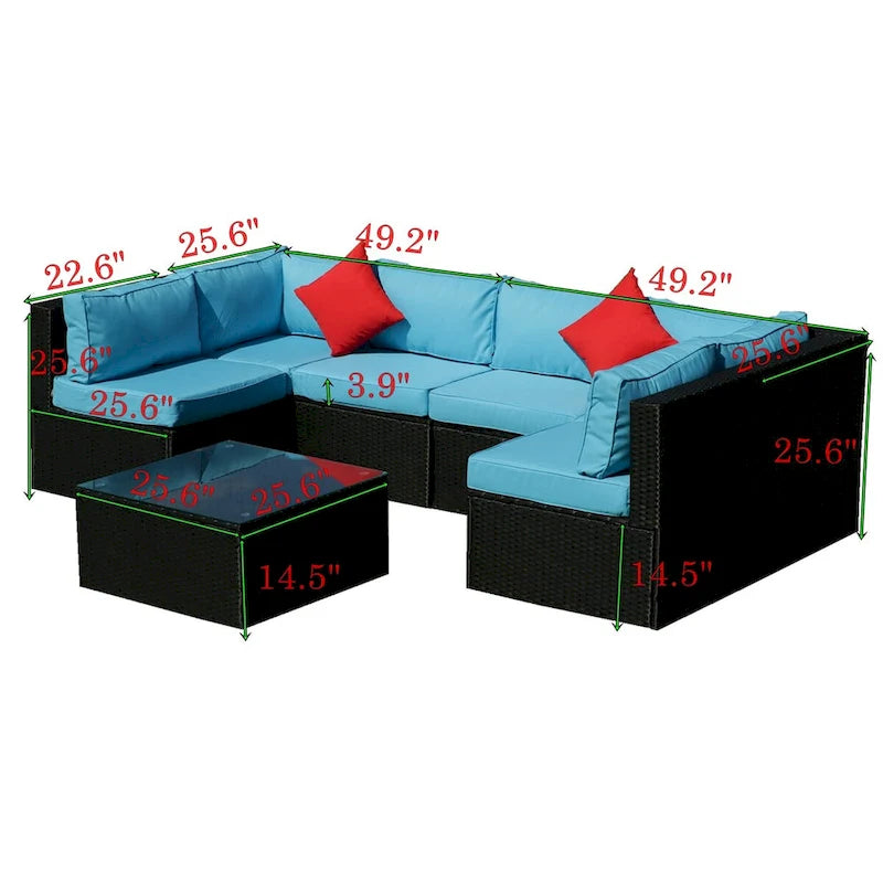 Ensemble de mobilier d'extérieur sectionnel en rotin PE Noir+Bleu 5 pièces résistant aux intempéries avec coussins de confort, oreillers et table basse
