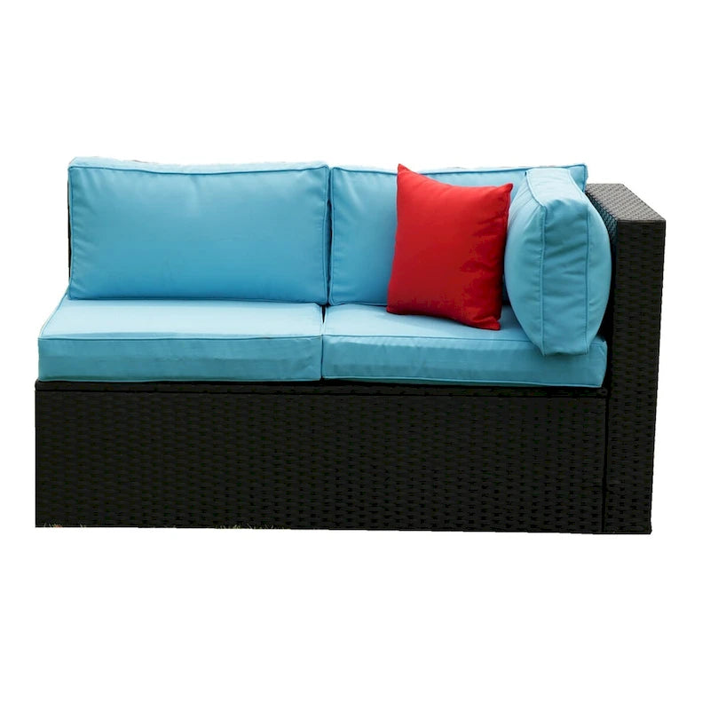 Ensemble de mobilier d'extérieur sectionnel en rotin PE Noir+Bleu 5 pièces résistant aux intempéries avec coussins de confort, oreillers et table basse