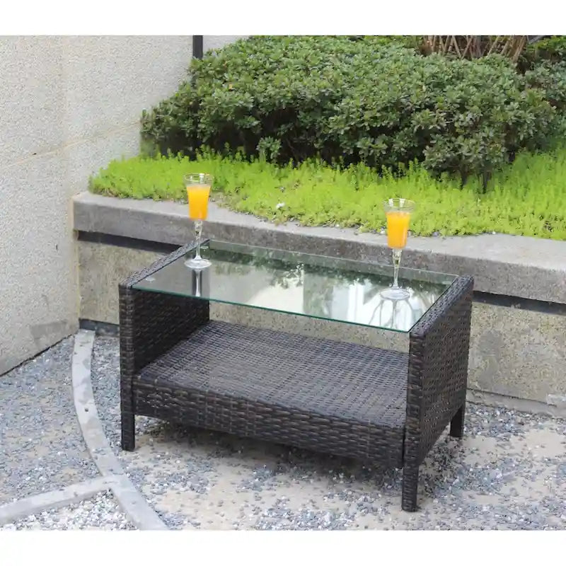 Table à manger d'extérieur rectangulaire en fer avec verre trempé, marron