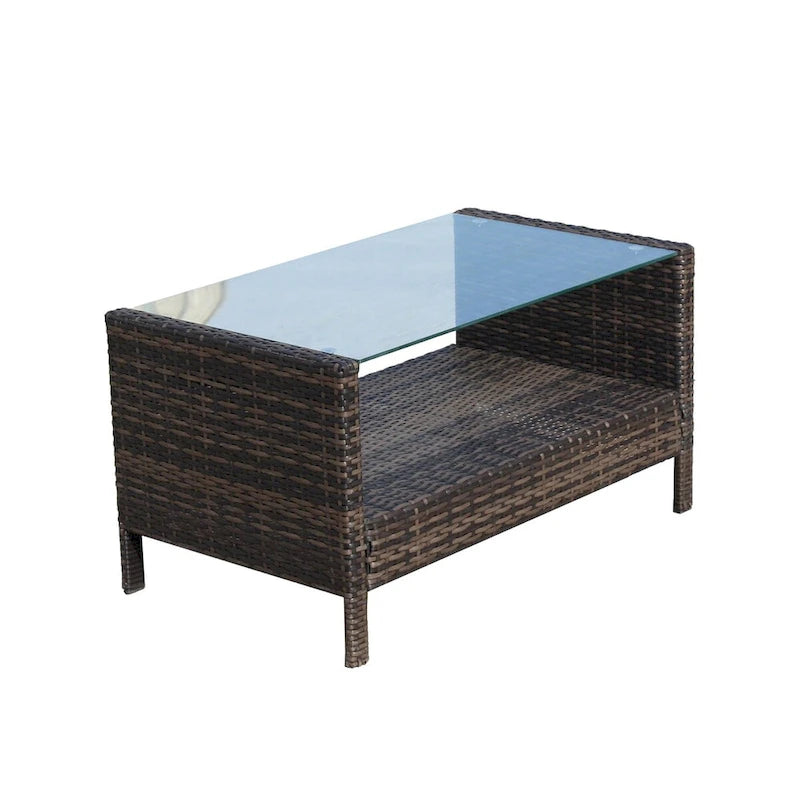 Table à manger d'extérieur rectangulaire en fer avec verre trempé, marron