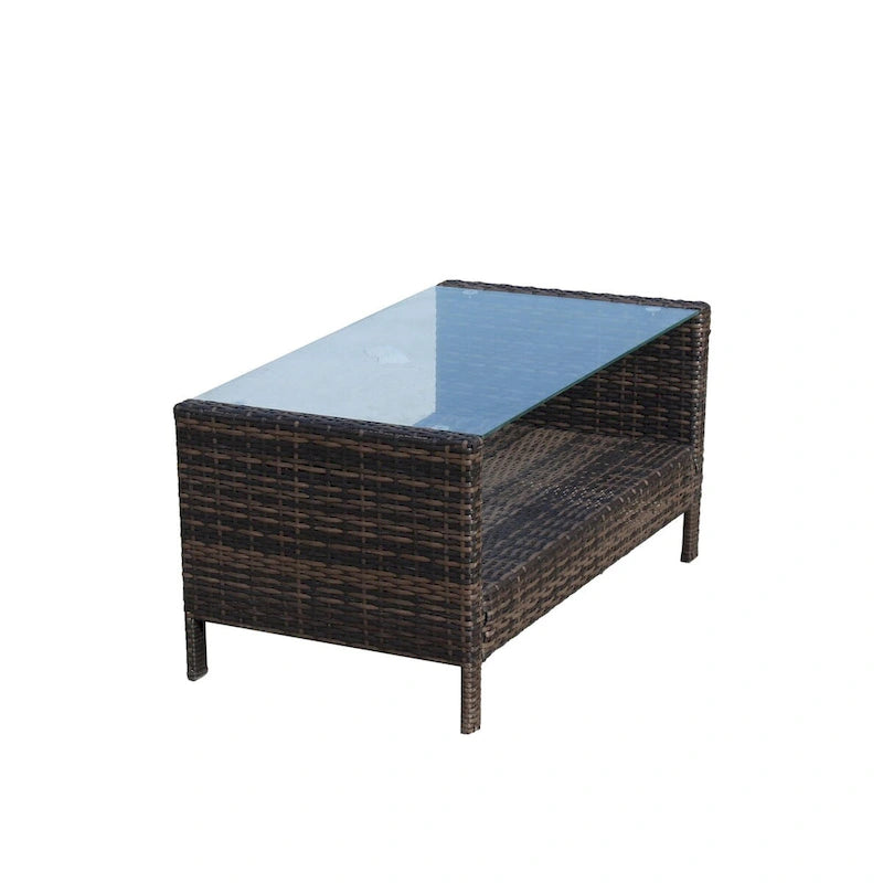 Table à manger d'extérieur rectangulaire en fer avec verre trempé, marron