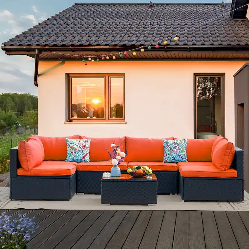 7 Pieces Outdoor Woven Rattan Sectional Sofa,Orange