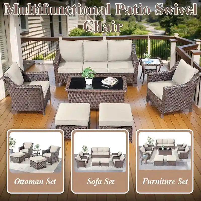 Ensemble de mobilier de patio en osier 5 pièces - Marron