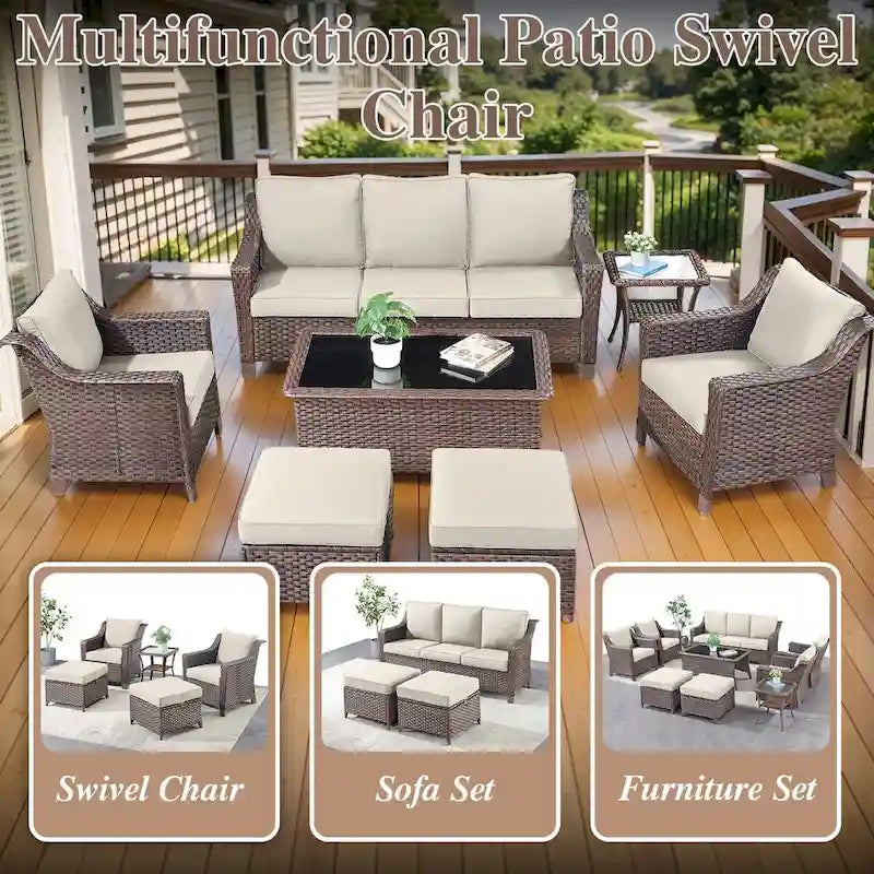 Ensemble de mobilier de patio en osier 5 pièces - Marron